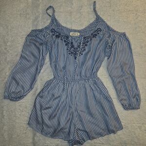 Hollister Navy and White Striped Embroidered Cold Shoulder Romper